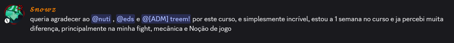 Depoimento no Discord de Snowz agradecendo ao Nuti, ao Edson e ao ADM treem: em 1 semana percebeu diferença na fight, mecânica e noção de jogo