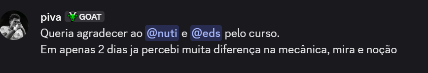 Depoimento no Discord de piva agradecendo ao Nuti e ao Edson: em 2 dias percebeu diferença na mecânica, mira e noção